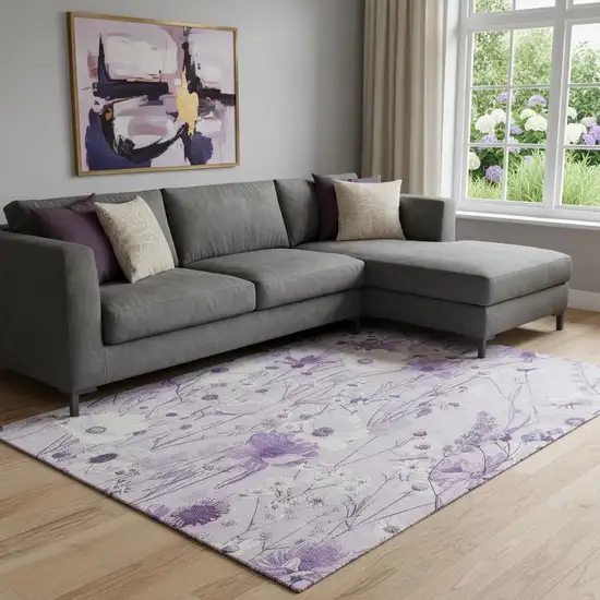 8' Lavender And Ivory Floral Washable Area Rug With UV Protection Photo 2