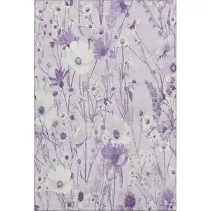 Photo of 8' Lavender And Ivory Floral Washable Area Rug With UV Protection