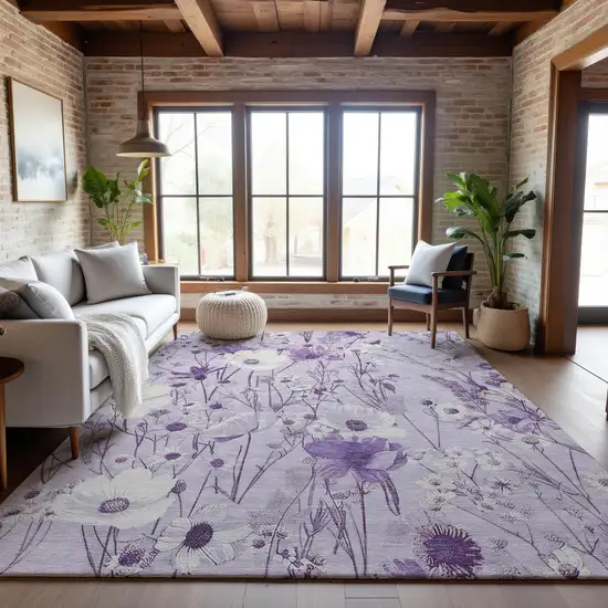 8' Lavender And Ivory Floral Washable Area Rug With UV Protection Photo 5