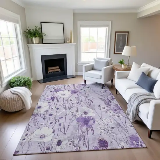 8' Lavender And Ivory Floral Washable Area Rug With UV Protection Photo 4