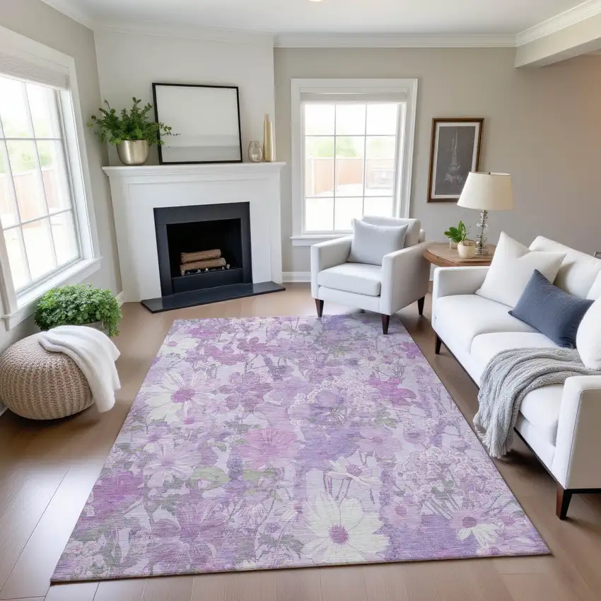 8' Lavender And Ivory Floral Washable Area Rug With UV Protection Photo 4