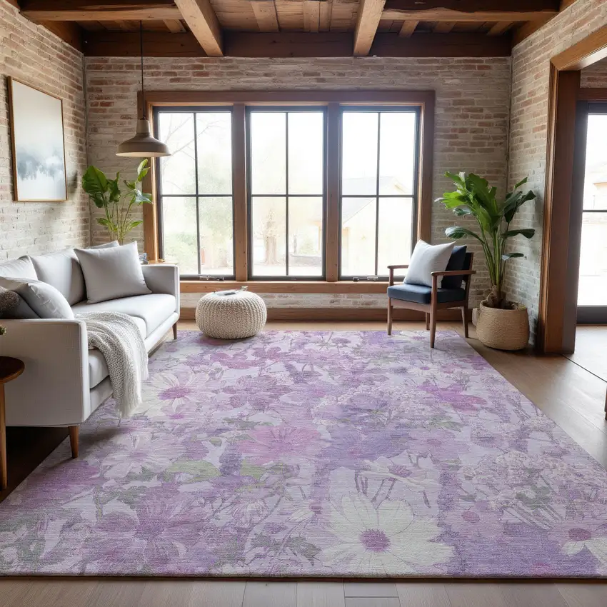 8' Lavender And Ivory Floral Washable Area Rug With UV Protection Photo 5