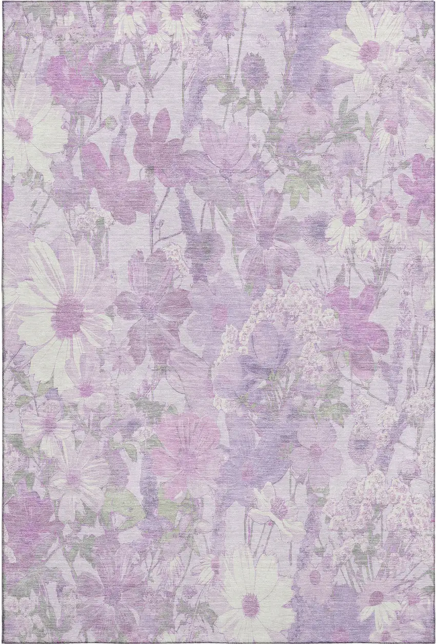 8' Lavender And Ivory Floral Washable Area Rug With UV Protection Photo 1