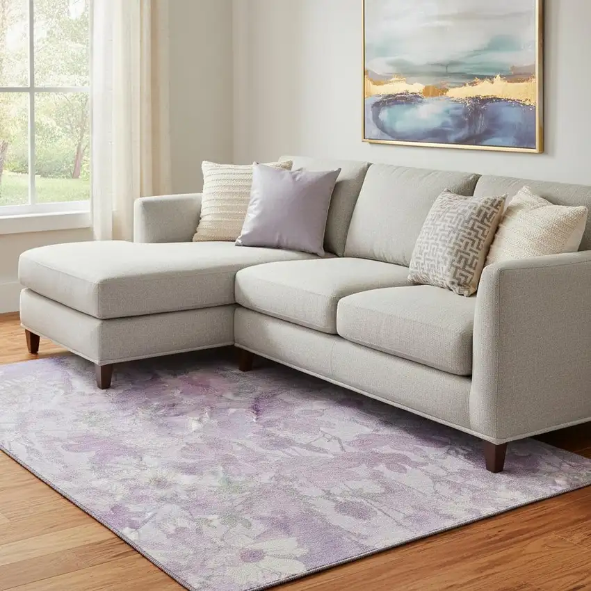 8' Lavender And Ivory Floral Washable Area Rug With UV Protection Photo 2