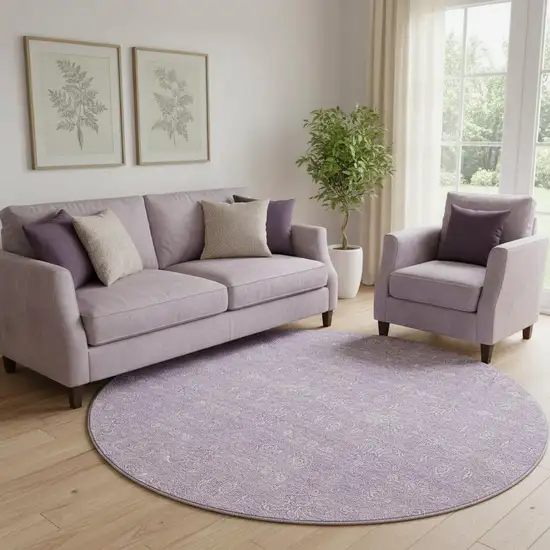 8' Lavender And Ivory Floral Washable Round Rug With UV Protection Photo 1
