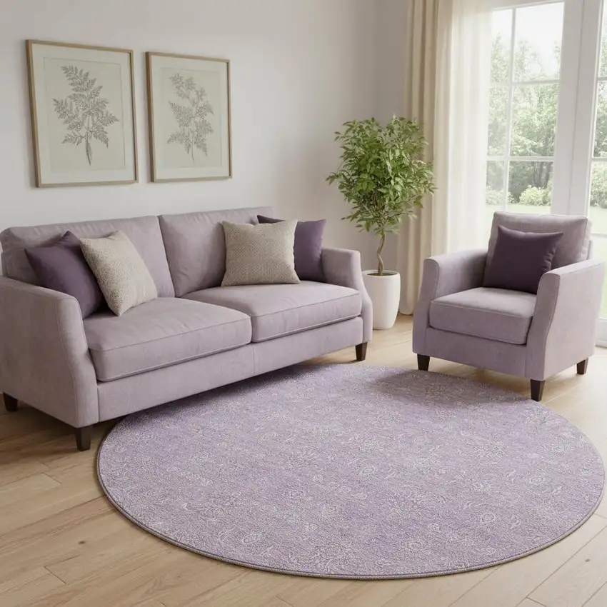 8' Lavender And Ivory Floral Washable Round Rug With UV Protection Photo 1