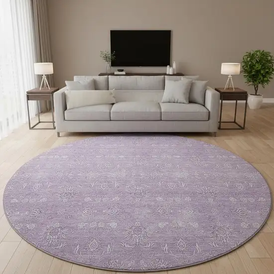 8' Lavender And Ivory Floral Washable Round Rug With UV Protection Photo 2