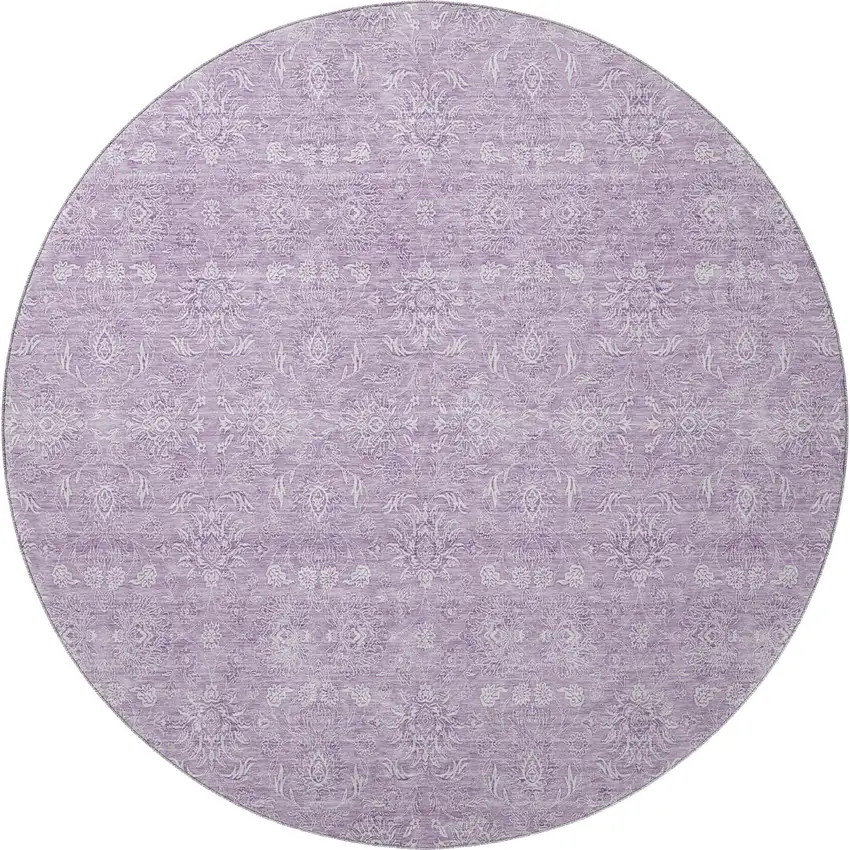 8' Lavender And Ivory Floral Washable Round Rug With UV Protection Photo 3