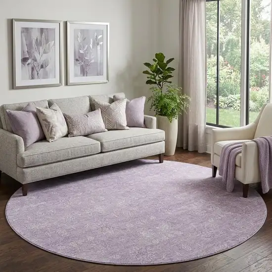 8' Lavender And Ivory Floral Washable Round Rug With UV Protection Photo 1