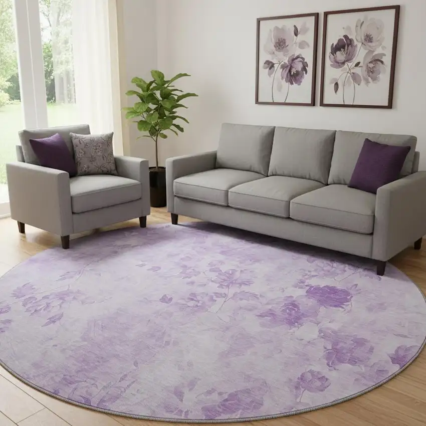 8' Lavender And Ivory Floral Washable Round Rug With UV Protection Photo 1