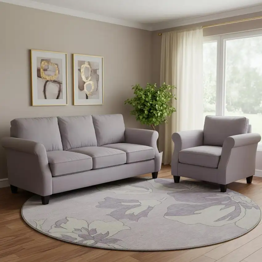 8' Lavender And Ivory Floral Washable Round Rug With UV Protection Photo 1