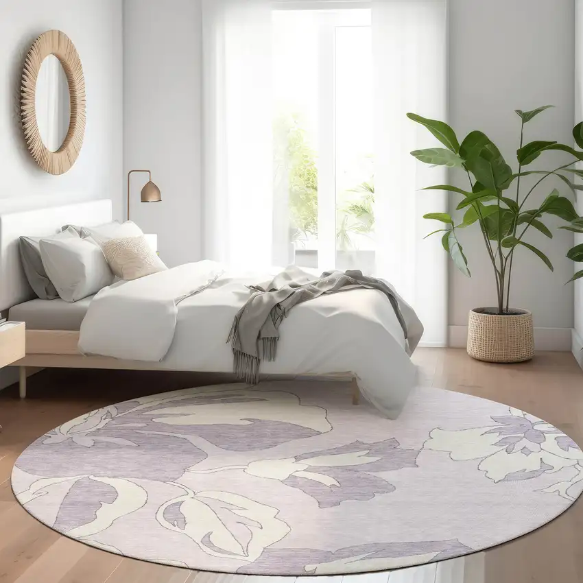 8' Lavender And Ivory Floral Washable Round Rug With UV Protection Photo 5