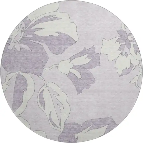 8' Lavender And Ivory Floral Washable Round Rug With UV Protection Photo 1