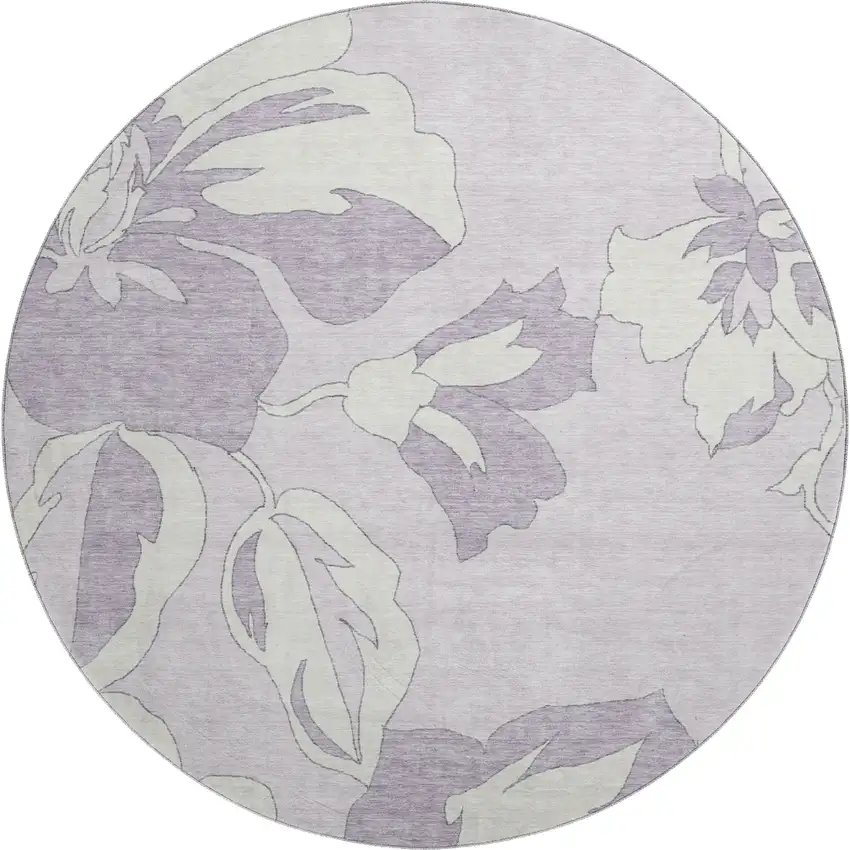 8' Lavender And Ivory Floral Washable Round Rug With UV Protection Photo 1
