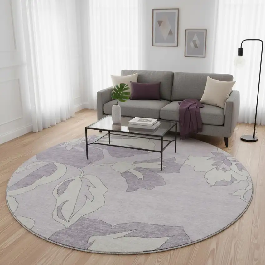 8' Lavender And Ivory Floral Washable Round Rug With UV Protection Photo 2