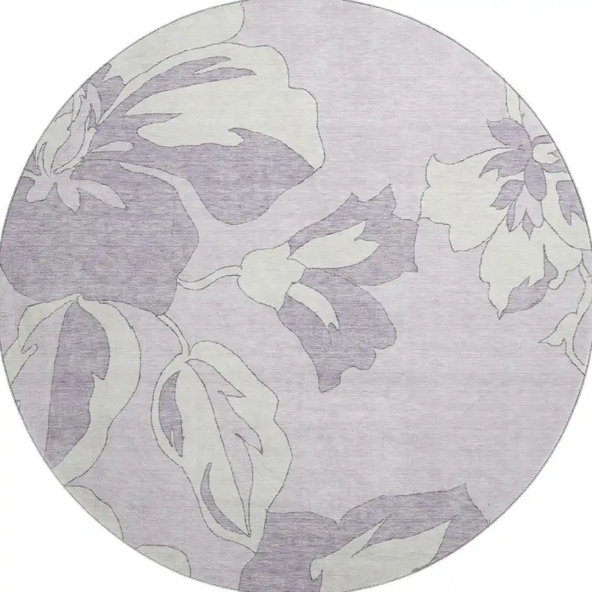 8' Lavender And Ivory Floral Washable Round Rug With UV Protection Photo 4