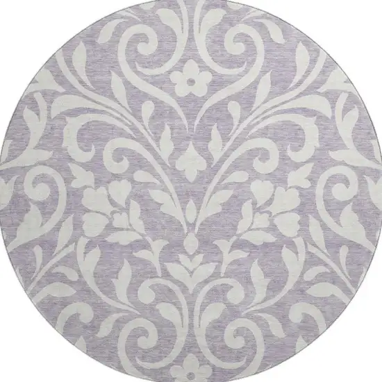 8' Lavender And Ivory Floral Washable Round Rug With UV Protection Photo 3