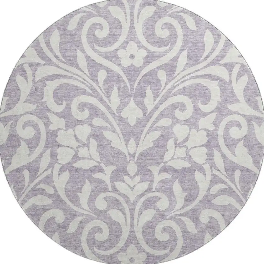 8' Lavender And Ivory Floral Washable Round Rug With UV Protection Photo 3