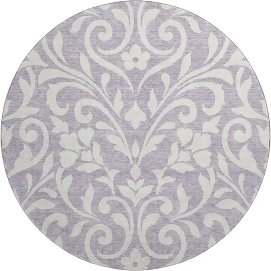8' Lavender And Ivory Floral Washable Round Rug With UV Protection Photo 1