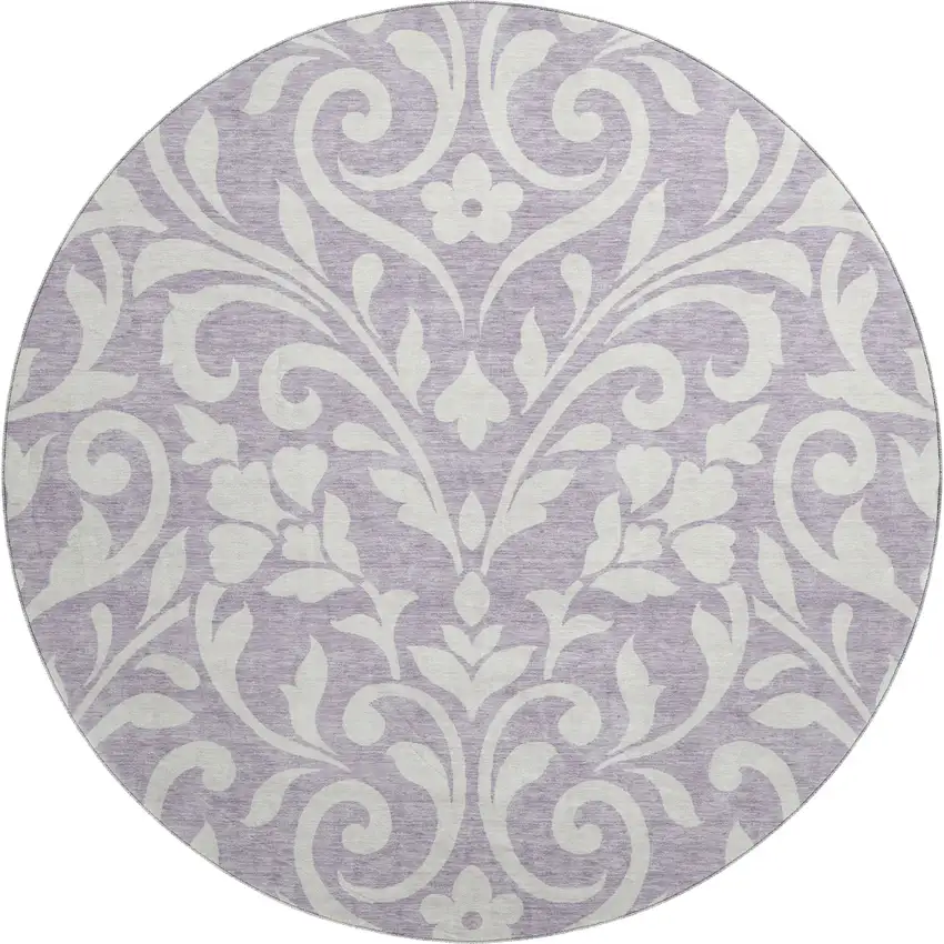 8' Lavender And Ivory Floral Washable Round Rug With UV Protection Photo 1