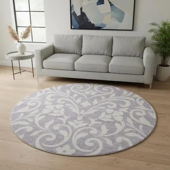 8' Lavender And Ivory Floral Washable Round Rug With UV Protection Photo 2