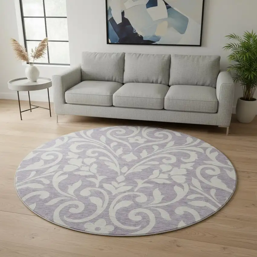 8' Lavender And Ivory Floral Washable Round Rug With UV Protection Photo 2