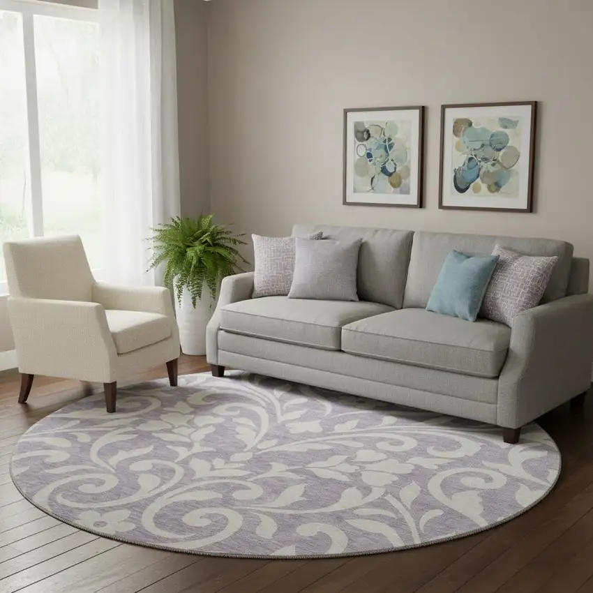 8' Lavender And Ivory Floral Washable Round Rug With UV Protection Photo 1