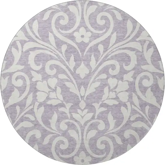 8' Lavender And Ivory Floral Washable Round Rug With UV Protection Photo 4