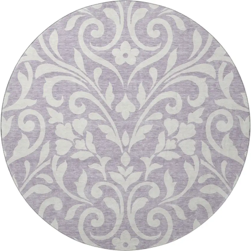 8' Lavender And Ivory Floral Washable Round Rug With UV Protection Photo 4