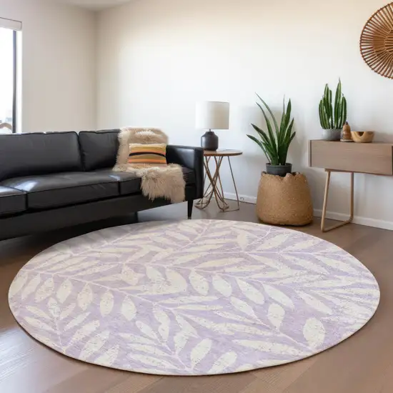 8' Lavender And Ivory Floral Washable Round Rug With UV Protection Photo 5