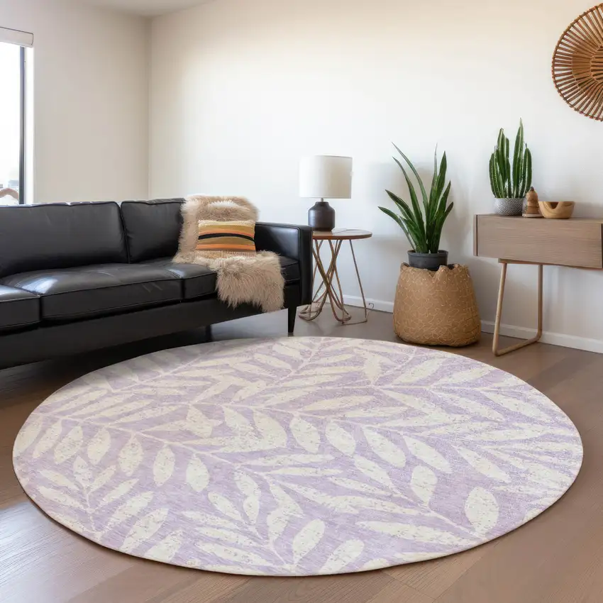 8' Lavender And Ivory Floral Washable Round Rug With UV Protection Photo 5