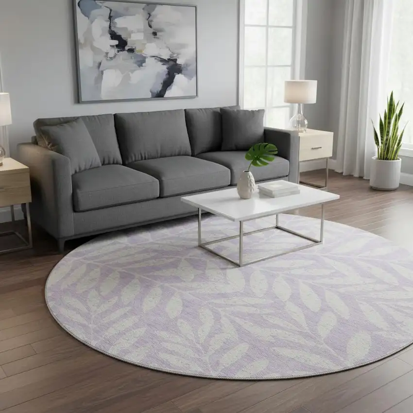 8' Lavender And Ivory Floral Washable Round Rug With UV Protection Photo 2