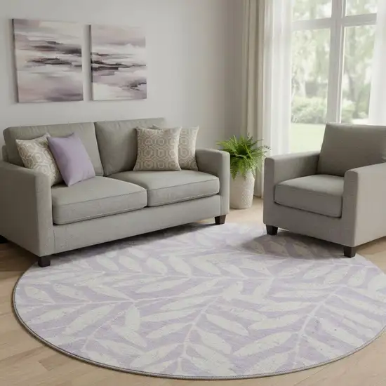 8' Lavender And Ivory Floral Washable Round Rug With UV Protection Photo 1