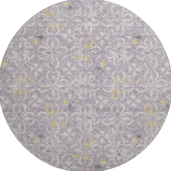 8' Lavender And Ivory Floral Washable Round Rug With UV Protection Photo 2