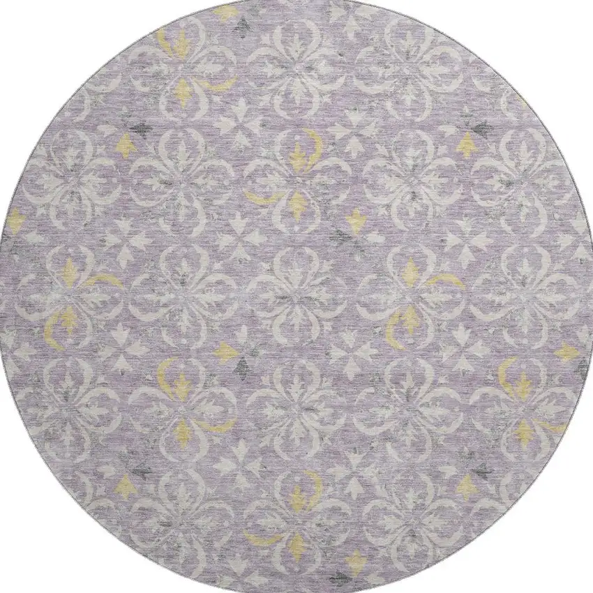 8' Lavender And Ivory Floral Washable Round Rug With UV Protection Photo 2