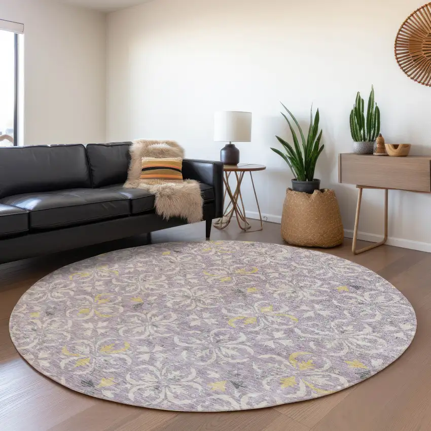 8' Lavender And Ivory Floral Washable Round Rug With UV Protection Photo 4
