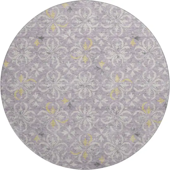 8' Lavender And Ivory Floral Washable Round Rug With UV Protection Photo 1