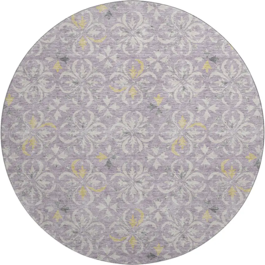 8' Lavender And Ivory Floral Washable Round Rug With UV Protection Photo 1