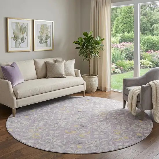 8' Lavender And Ivory Floral Washable Round Rug With UV Protection Photo 1