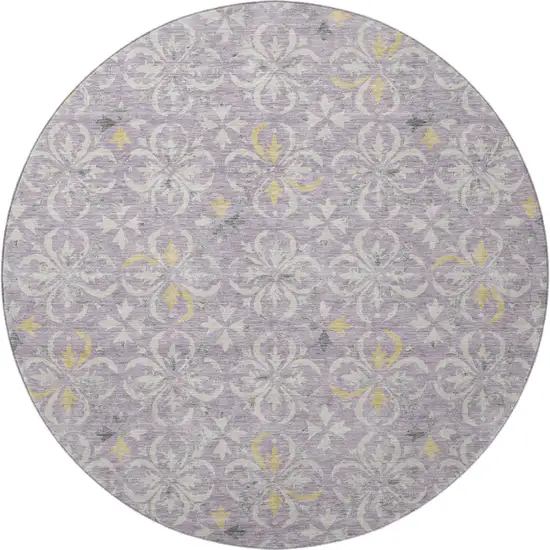 8' Lavender And Ivory Floral Washable Round Rug With UV Protection Photo 3