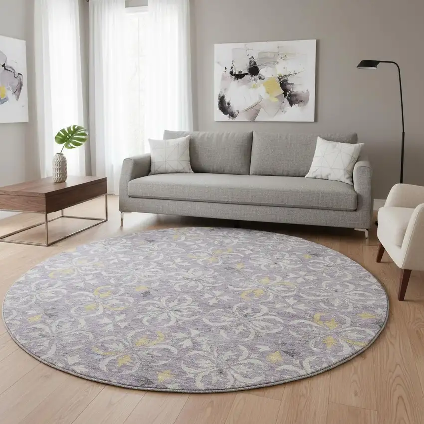 8' Lavender And Ivory Floral Washable Round Rug With UV Protection Photo 2