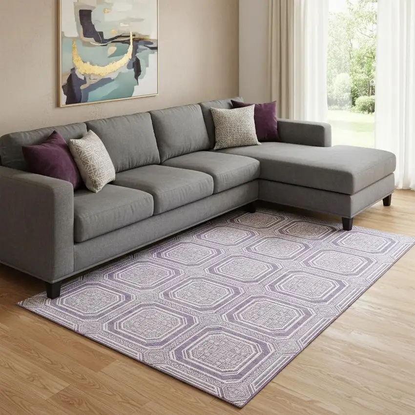 8' Lavender And Ivory Geometric Washable Area Rug With UV Protection Photo 2