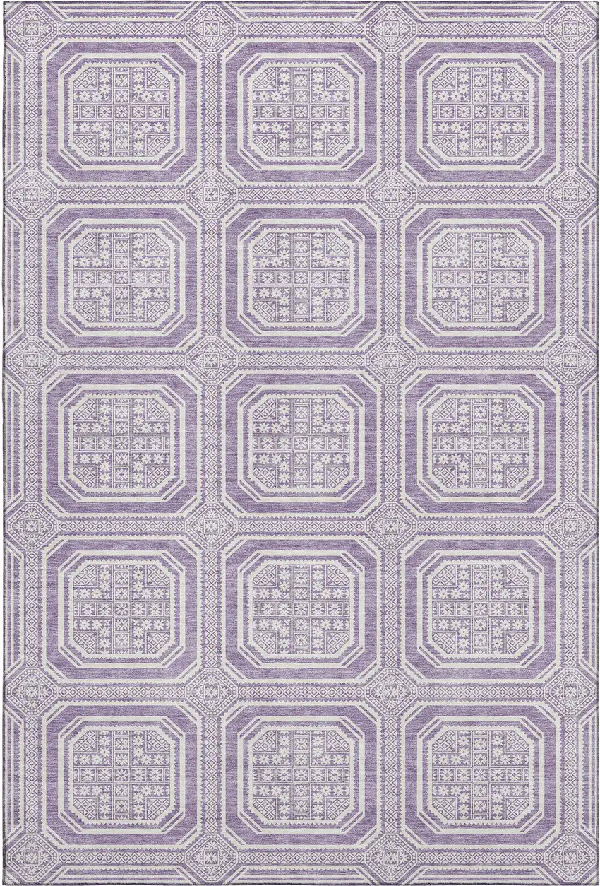8' Lavender And Ivory Geometric Washable Area Rug With UV Protection Photo 1