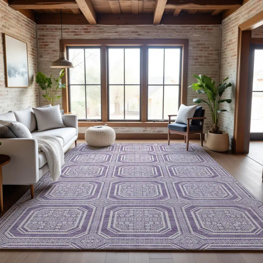 8' Lavender And Ivory Geometric Washable Area Rug With UV Protection Photo 5