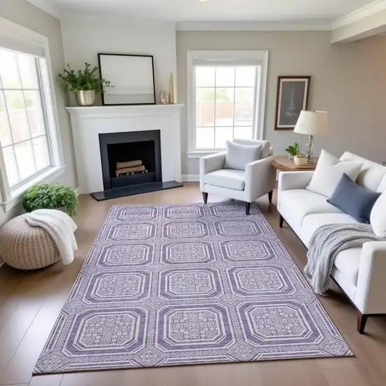 8' Lavender And Ivory Geometric Washable Area Rug With UV Protection Photo 4