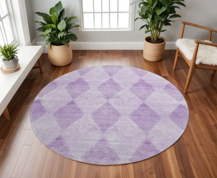 8' Lavender And Ivory Geometric Washable Round Rug With UV Protection Photo 2
