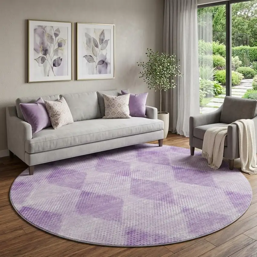 8' Lavender And Ivory Geometric Washable Round Rug With UV Protection Photo 1