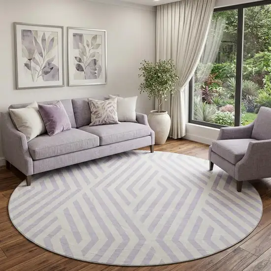 8' Lavender And Ivory Geometric Washable Round Rug With UV Protection Photo 1