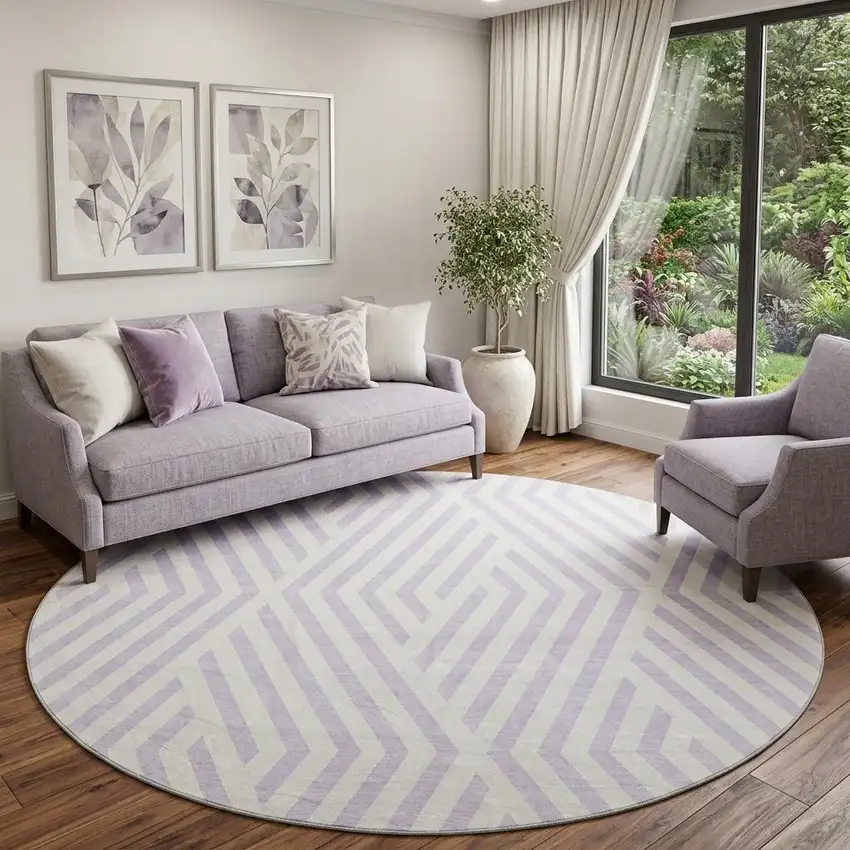 8' Lavender And Ivory Geometric Washable Round Rug With UV Protection Photo 1