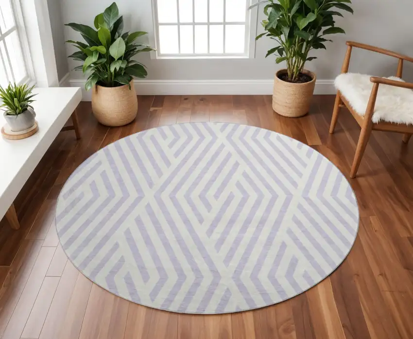 8' Lavender And Ivory Geometric Washable Round Rug With UV Protection Photo 2